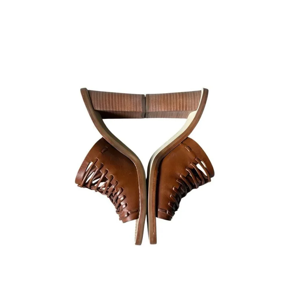 J. Crew Marlow Huarache Leather Mules Sandals size 7.5 Block Wood Heel‎ Brown